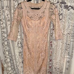 Sue Wong‎ illusion blush ribbon Lace Long Sleeve Dress
